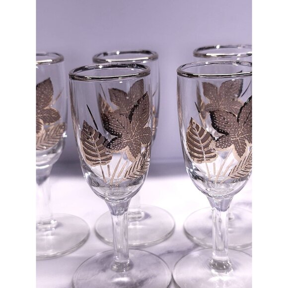Set Of 6 Vintage Mid-Century Modern Gold Leaf Pattern Cordial Glasses - Picture 11 of 14